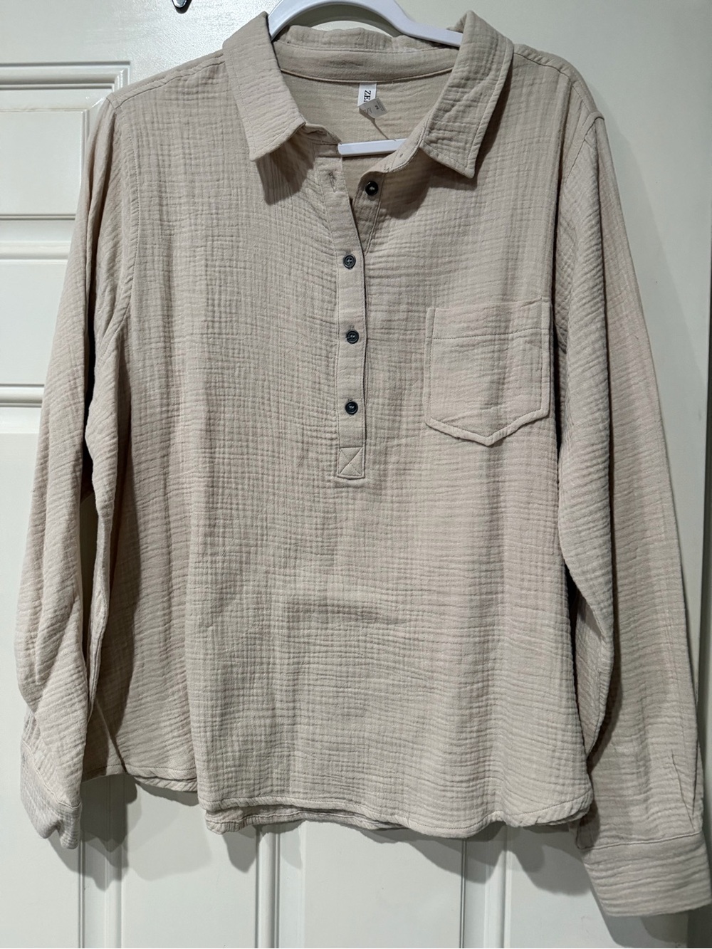 Zenana Outfitters Long-Sleeve Textured Henley Shirt - Beige NWOT
